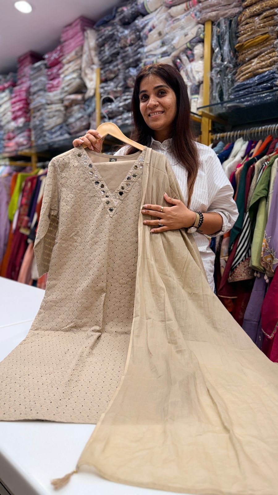 Beige Mirror Work Cotton Suit Set