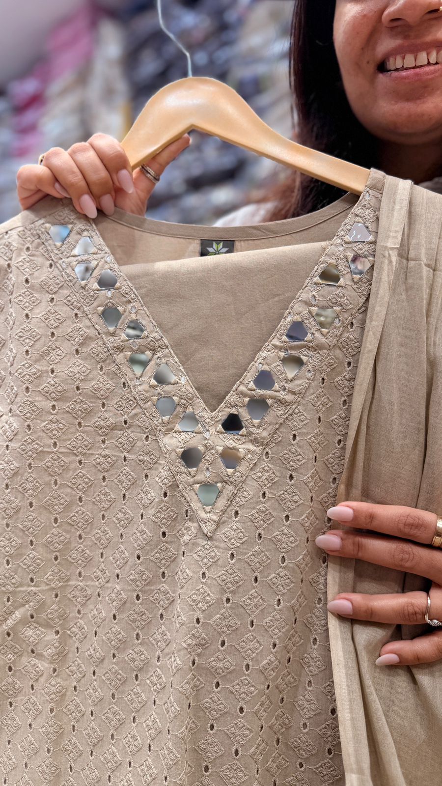 Beige Mirror Work Cotton Suit Set