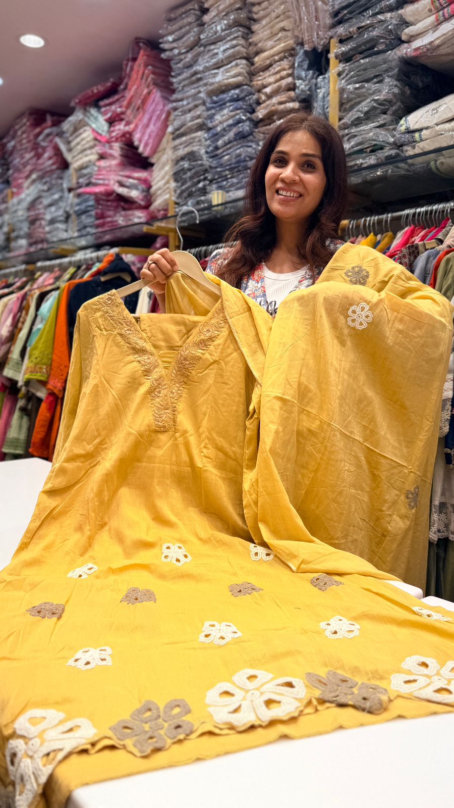 Sunshine Mul Cotton Suit with Floral Appliqué Work