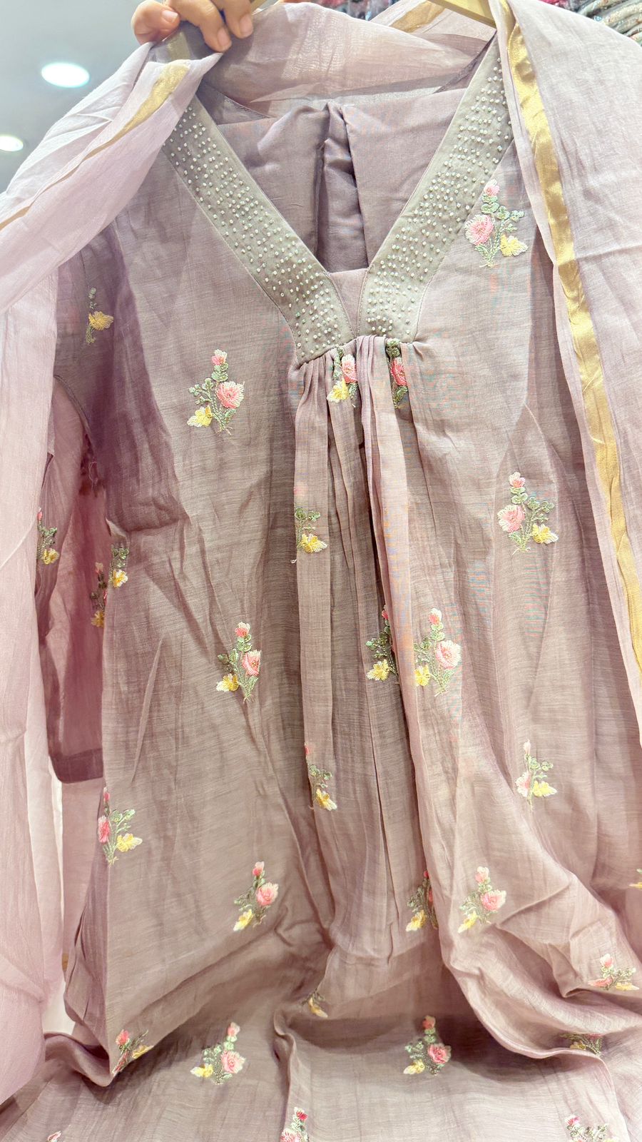 Pastel Mauve Mul Chanderi Embroidered Suit Set with Dupatta