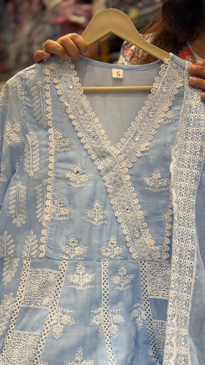 SkyBlue Chikankari Anarkali Suit Set