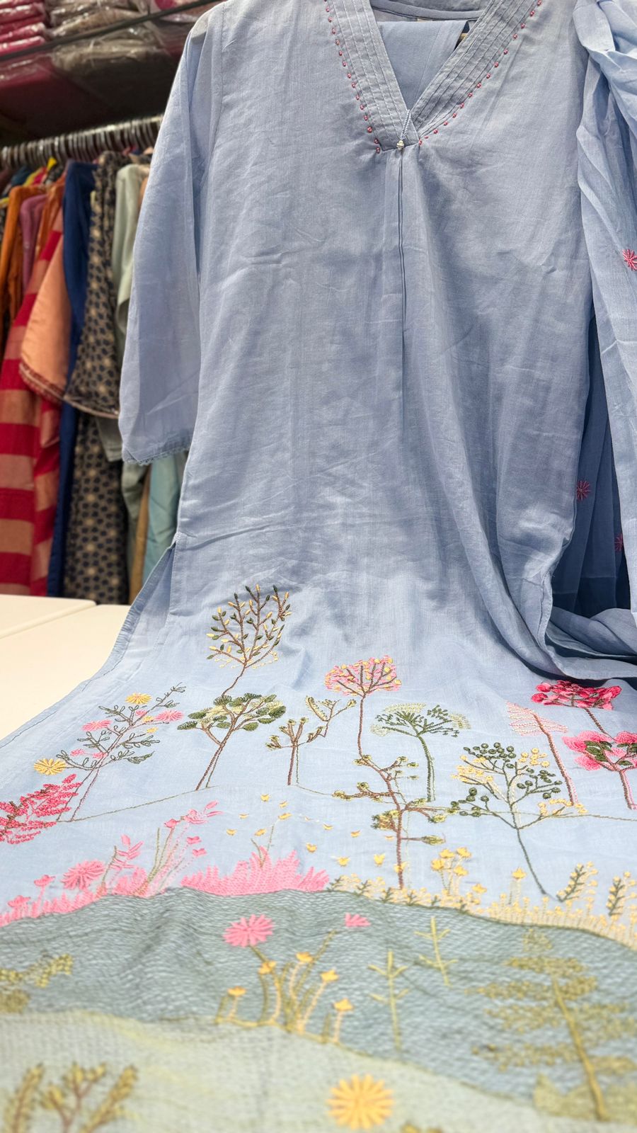 Powder Blue Mul Cotton Embroidery Suit Set