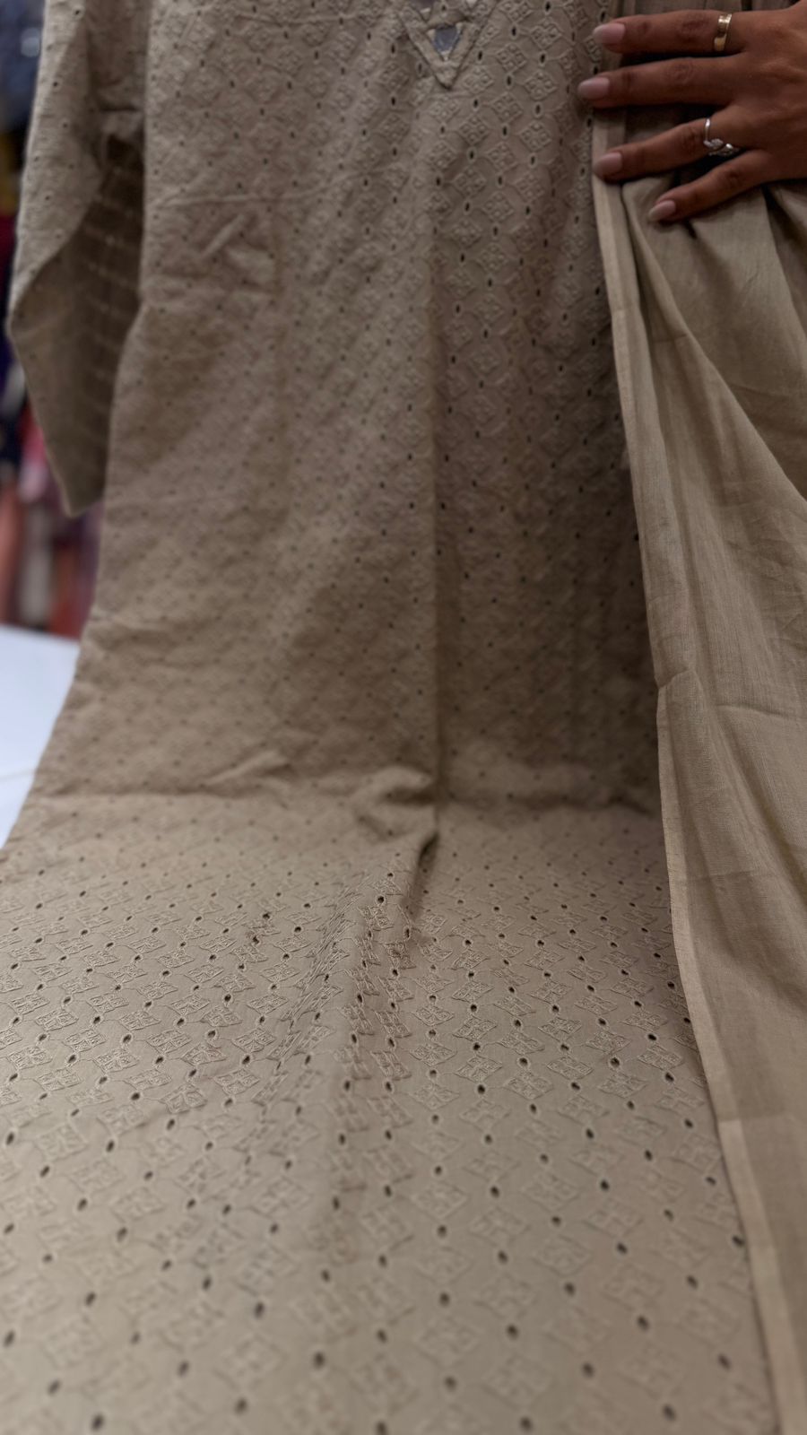 Beige Mirror Work Cotton Suit Set