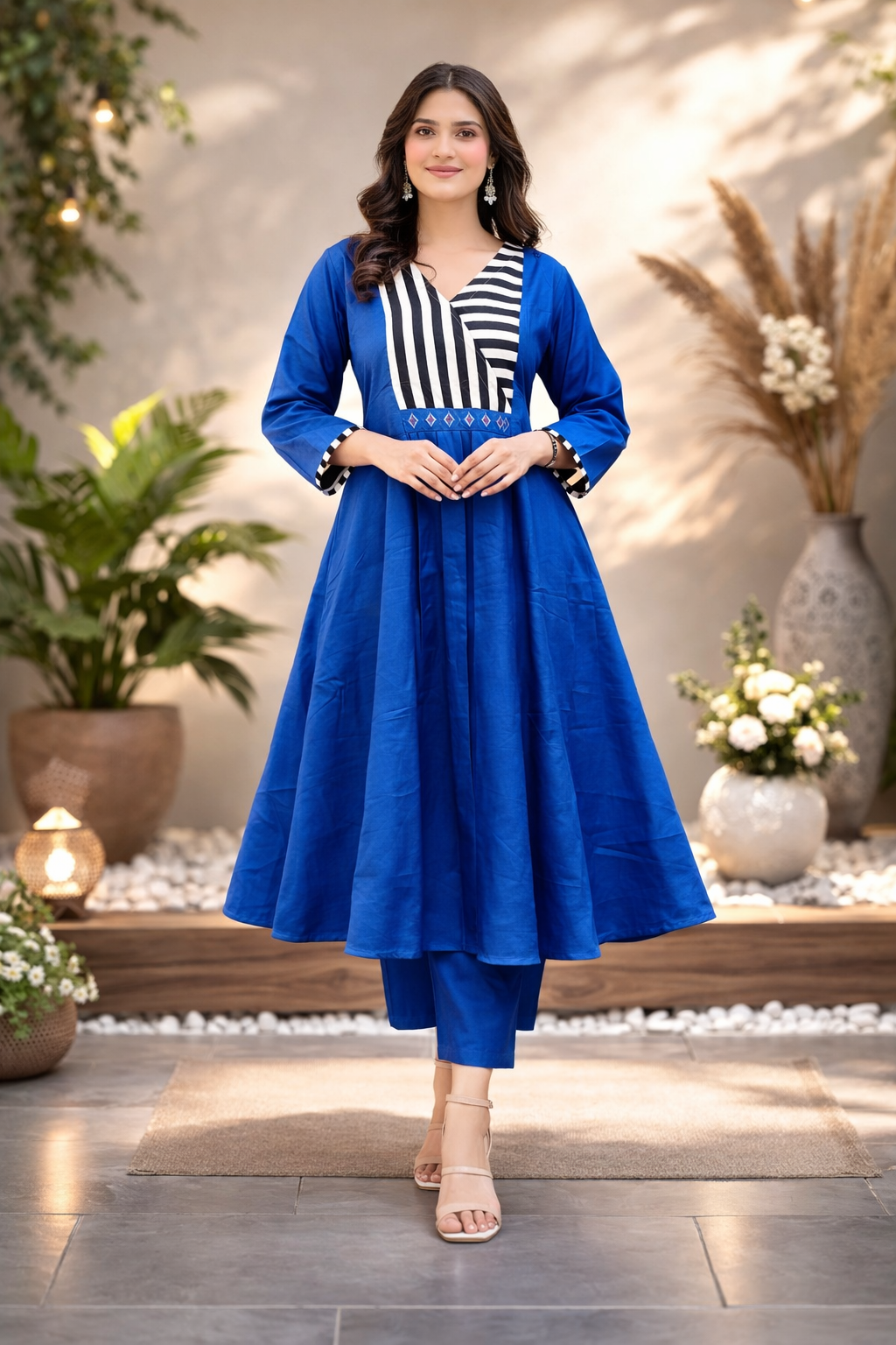 Royal Blue Striped Panel A-Line Kurta Set