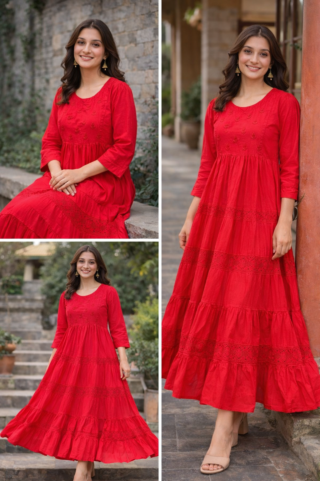 Scarlet Red Pure Cotton Tiered Dress