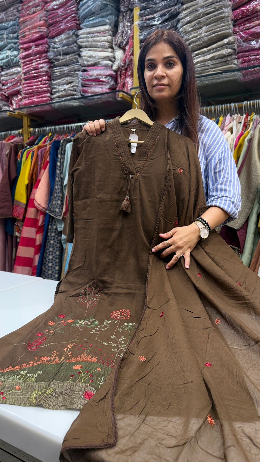 Trendy Brown Mul Cotton Embroidery Suit Set