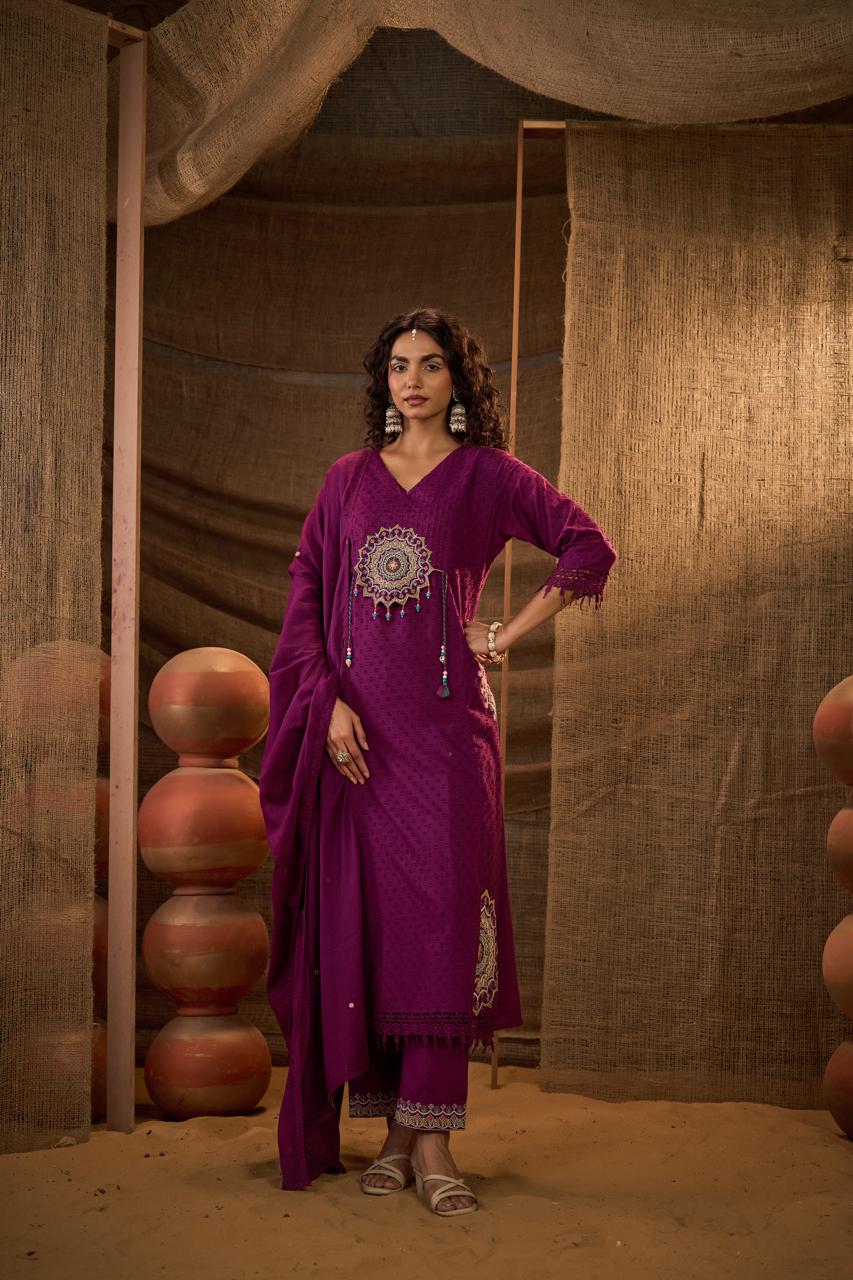 Purple Mandala Embroidered Anarkali Suit Set with Dupatta