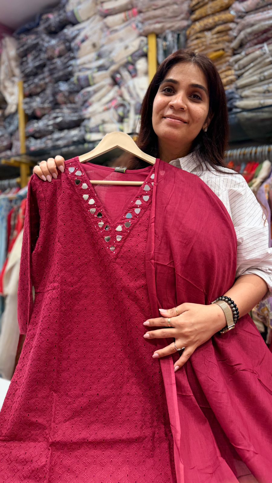 Ruby Mirror Work Cotton Suit Set