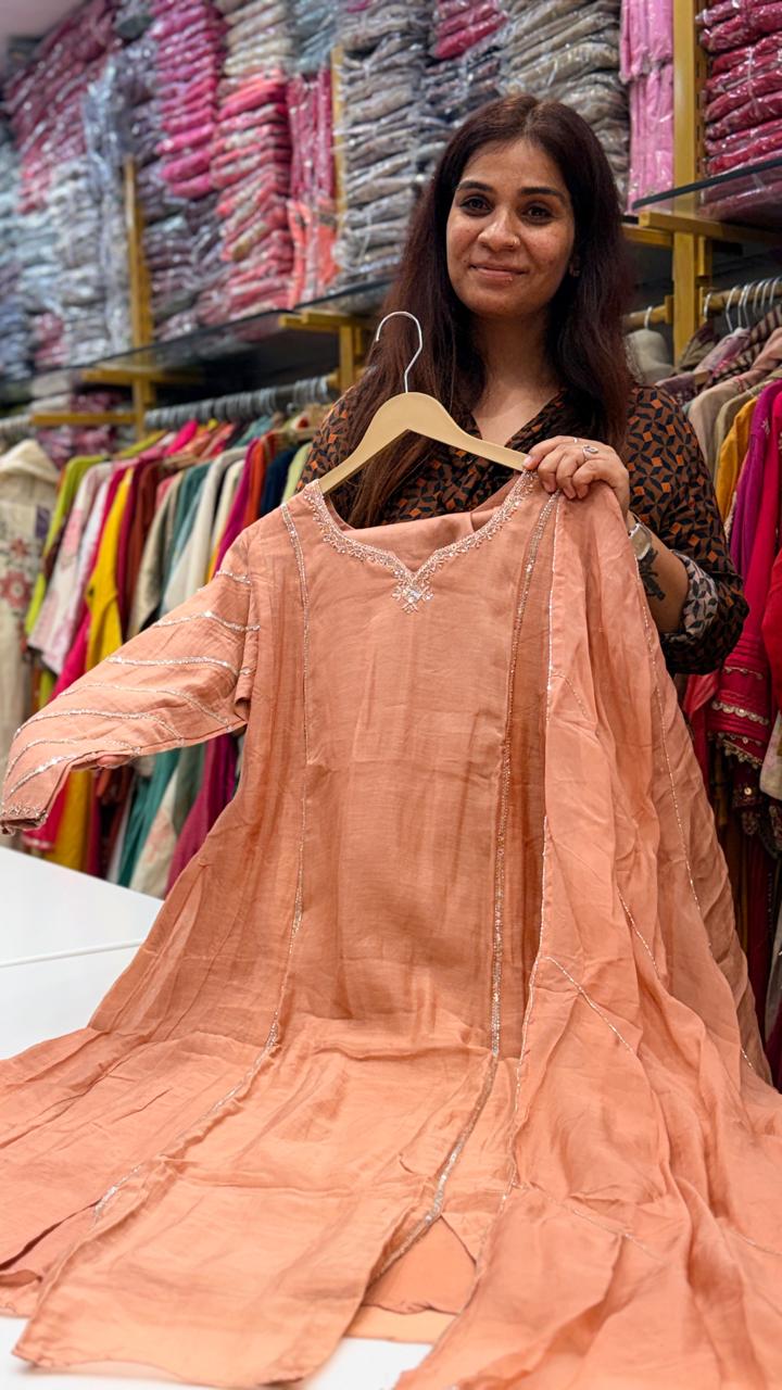 Peach Elegance Mul Chanderi Suit Set