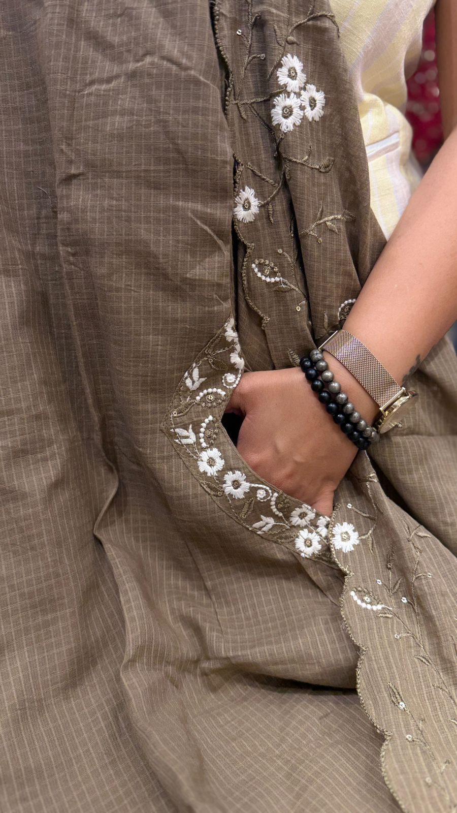 Mocha Kota Doriya Embroidered Suit Set