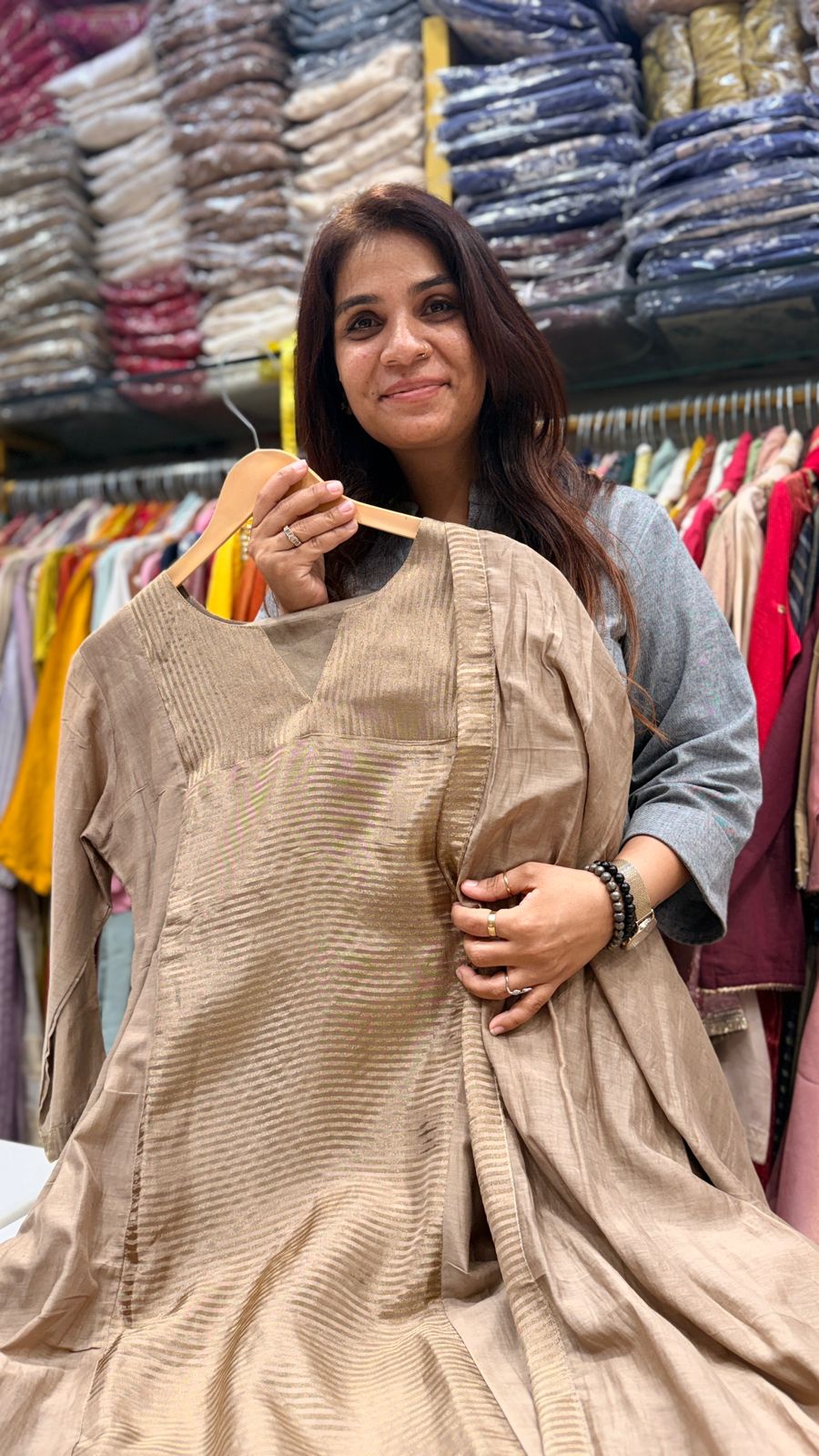 Beige Gold Lurex Work Suit Set