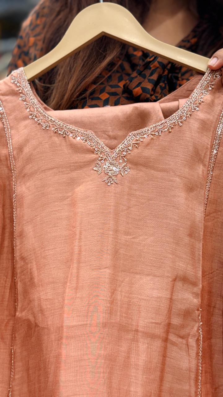 Peach Elegance Mul Chanderi Suit Set