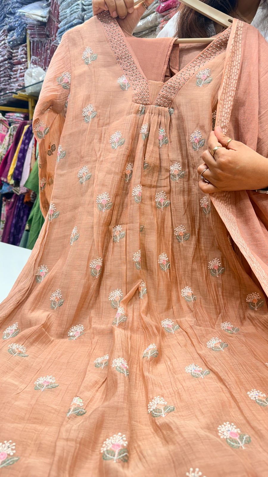 Pastel Peach Mul Chanderi Embroidered Suit Set with Dupatta