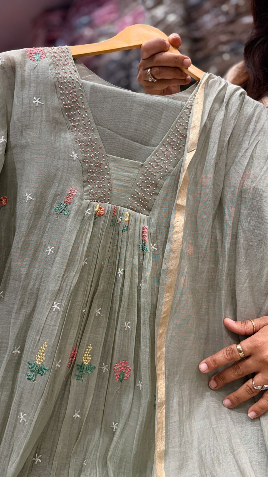 Sage Blossom Mul Chanderi Suit Set