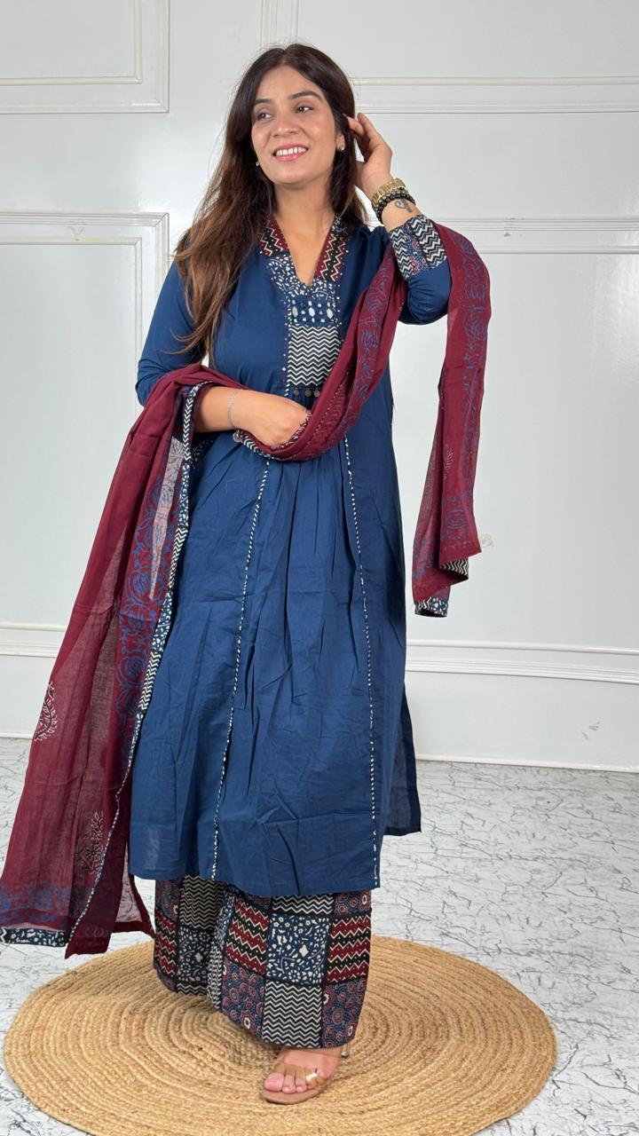 Indigo Printed Suit Set with Maroon Dupatta