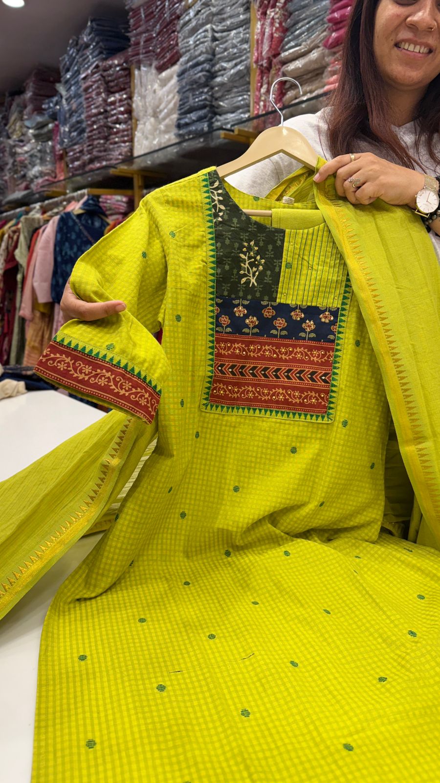 Lime Yellow Handloom Kurta Set with Statement Yoke & Dupatta