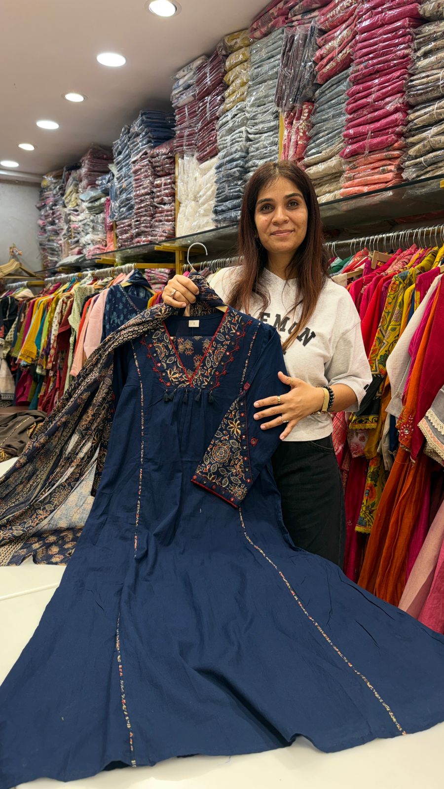 Midnight Blue Embroidered Kurta Set with Printed Dupatta