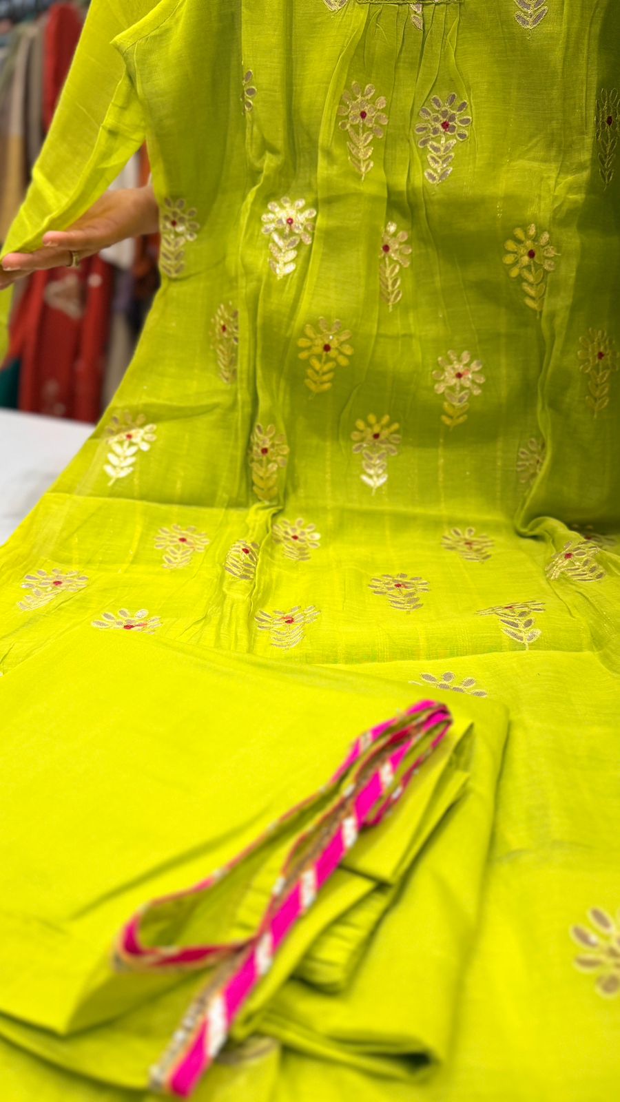 Yellowish Green Mul Chanderi Suit Set