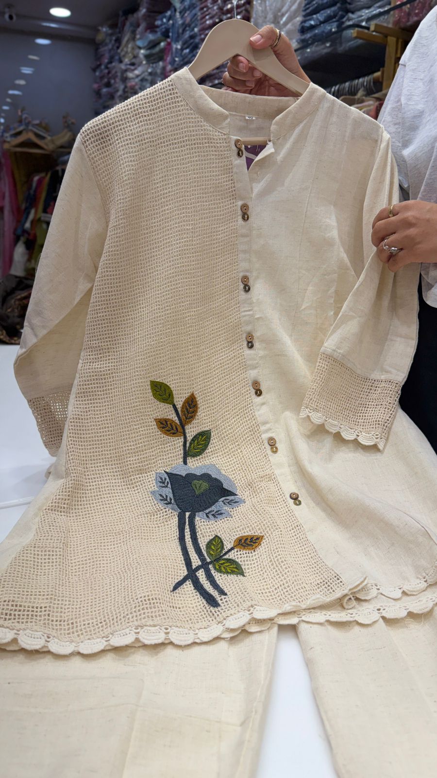 Jute+Linen Cotton Embroidered Co-Ord Set in Classic Ivory