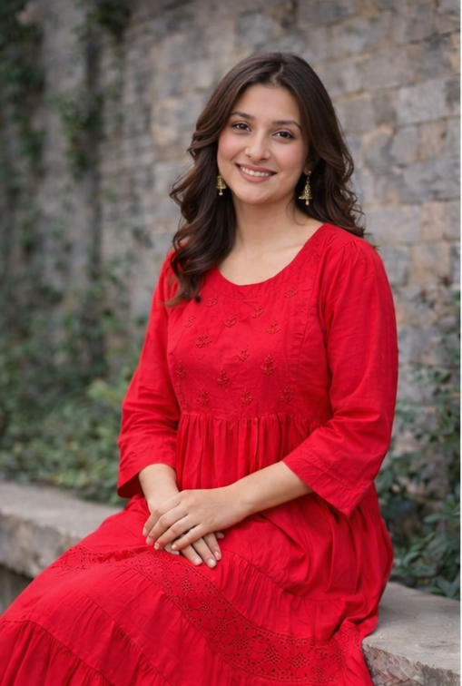 Scarlet Red Pure Cotton Tiered Dress
