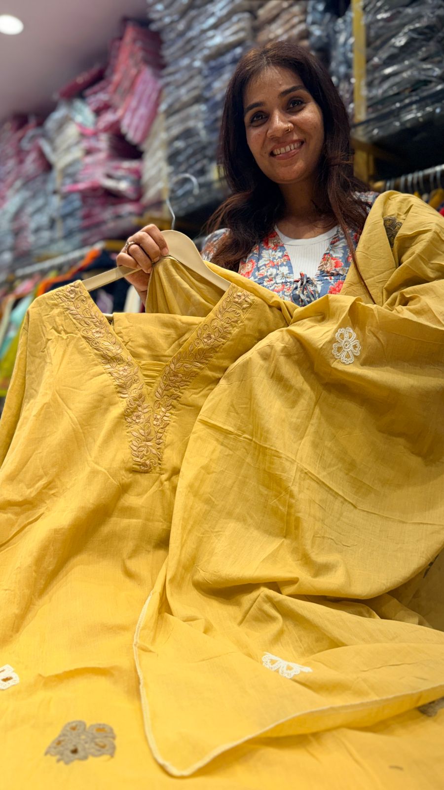 Sunshine Mul Cotton Suit with Floral Appliqué Work