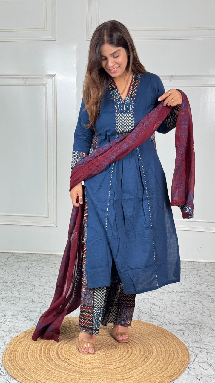 Indigo Printed Suit Set with Maroon Dupatta