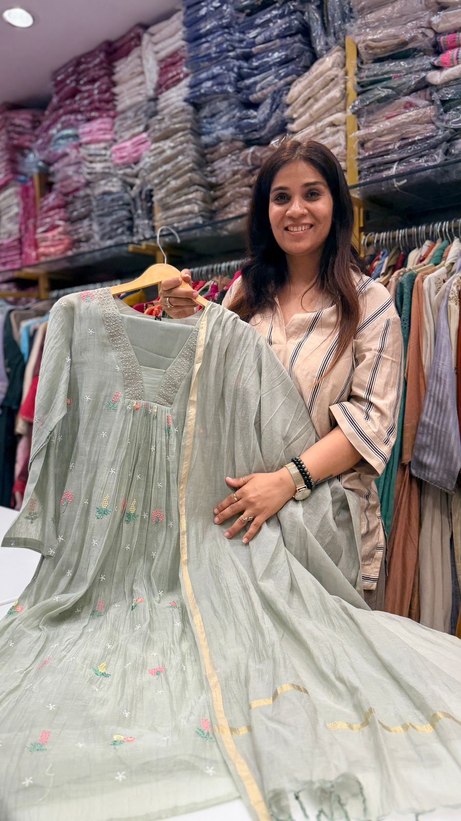 Sage Blossom Mul Chanderi Suit Set