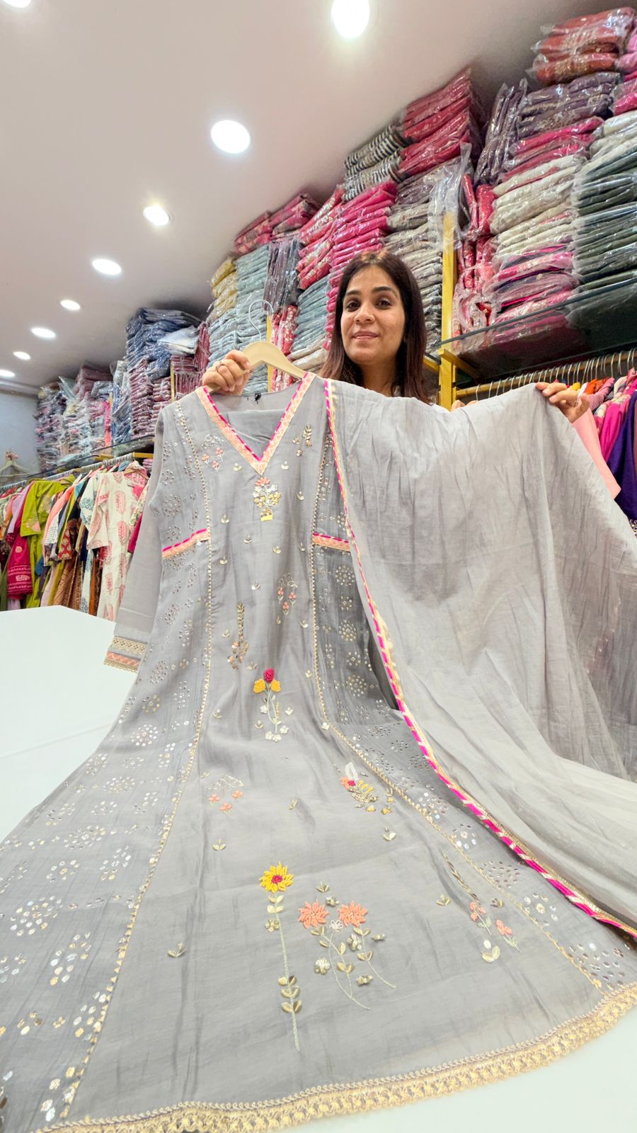 Pastel Grey Mul Chanderi Gota Work Suit Set with Contrast Dupatta