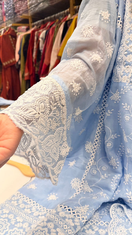 Sky Blue Mul Cotton Chikankari Suit Set