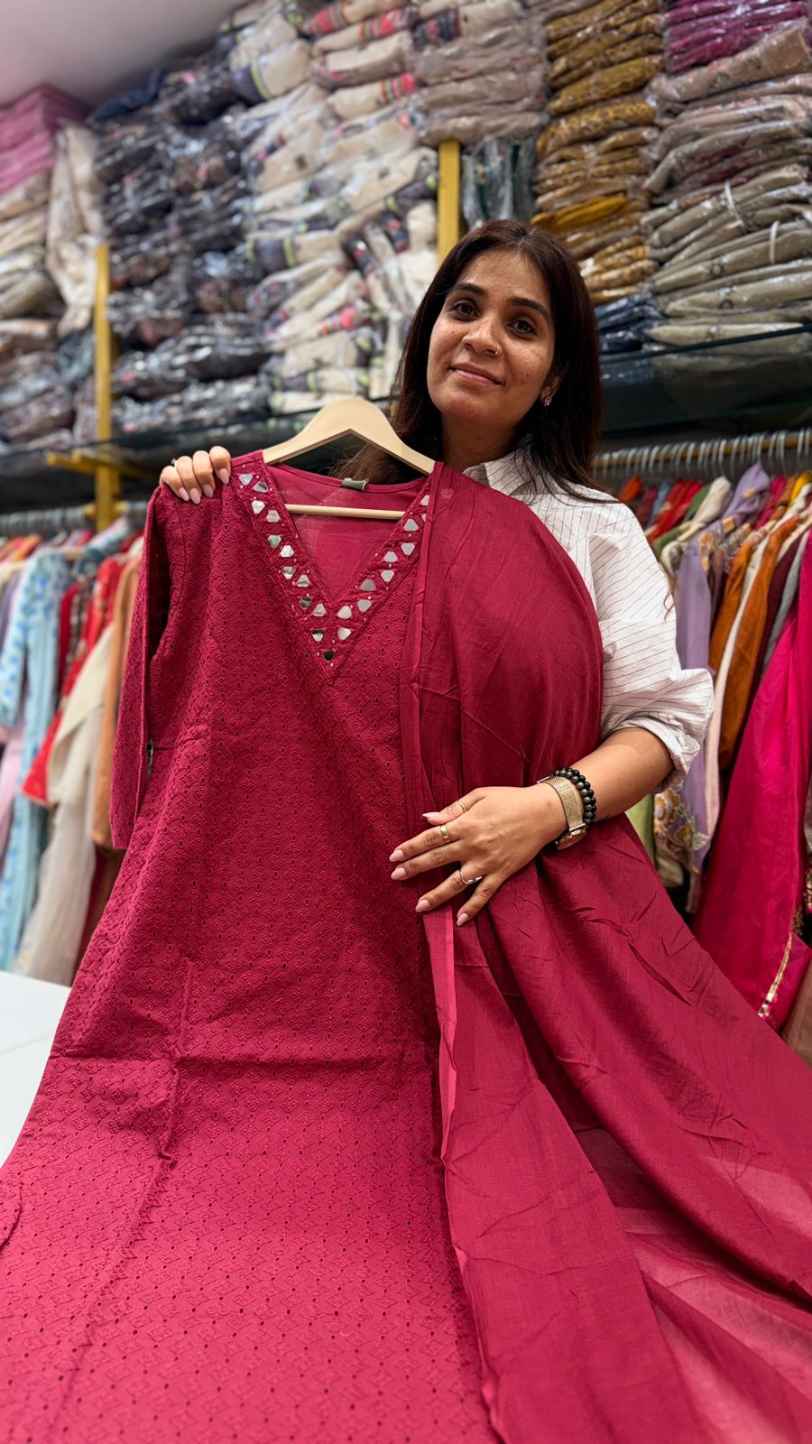 Ruby Mirror Work Cotton Suit Set