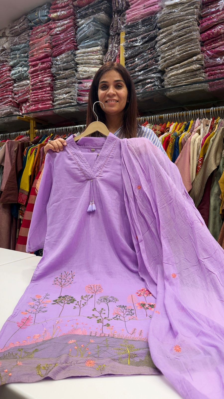 Lavender Mul Cotton Embroidery Suit Set