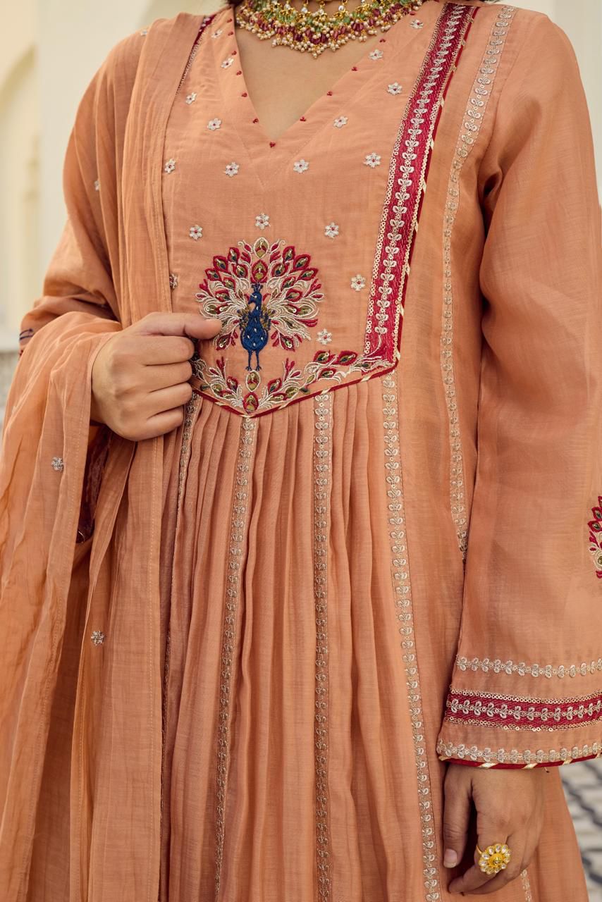 Peach Royale Embroidered Anarkali Suit Set