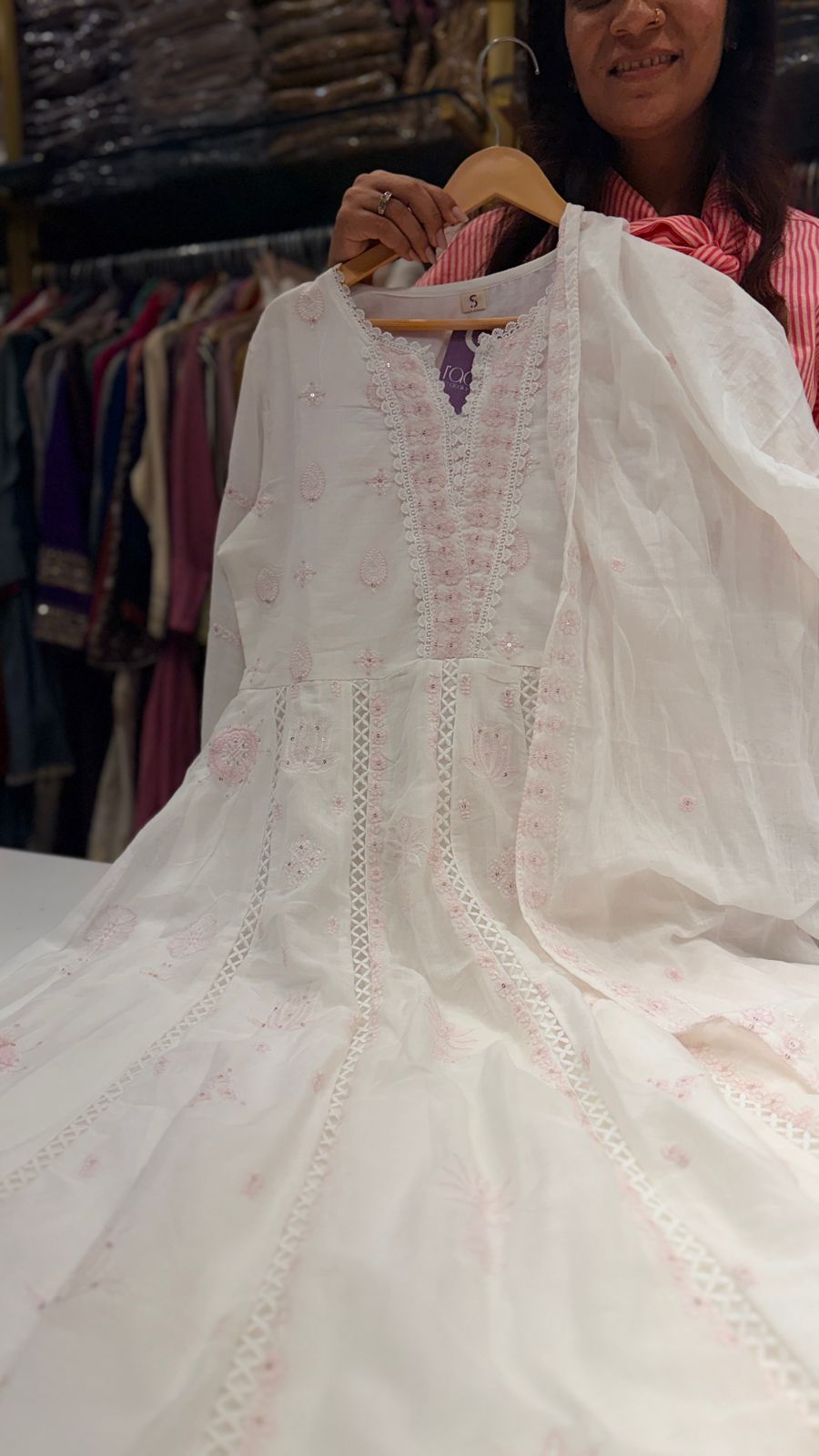 Ivory Blue/Pink Chikankari Mul Cotton Suit Set