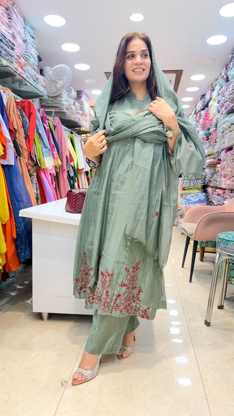 Sage Green Mul Chanderi Embroidered Suit Set