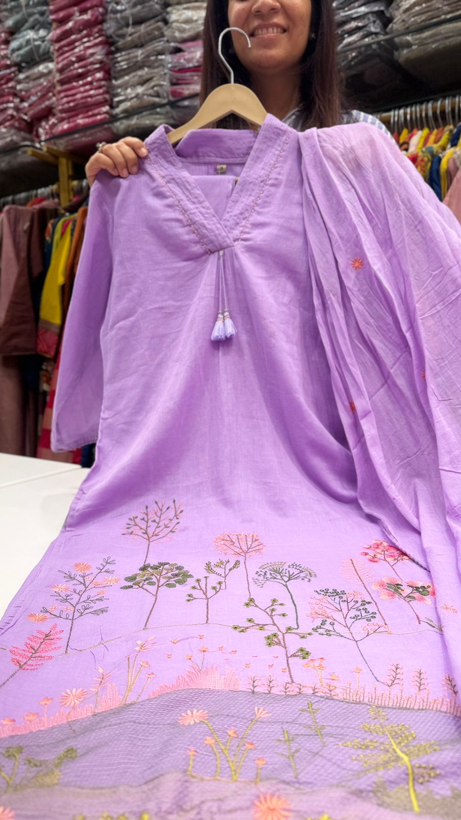 Lavender Mul Cotton Embroidery Suit Set
