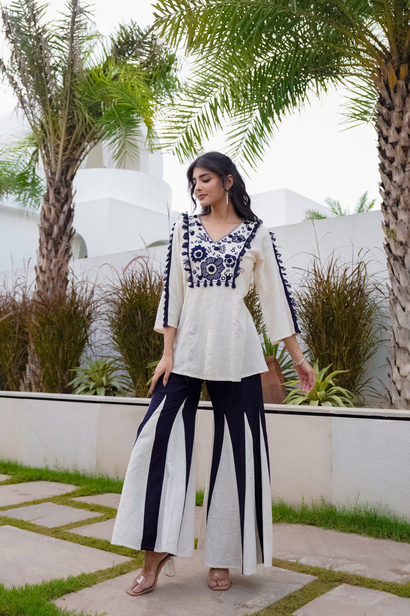 Ivory & Midnight Embroidered Palazzo Set