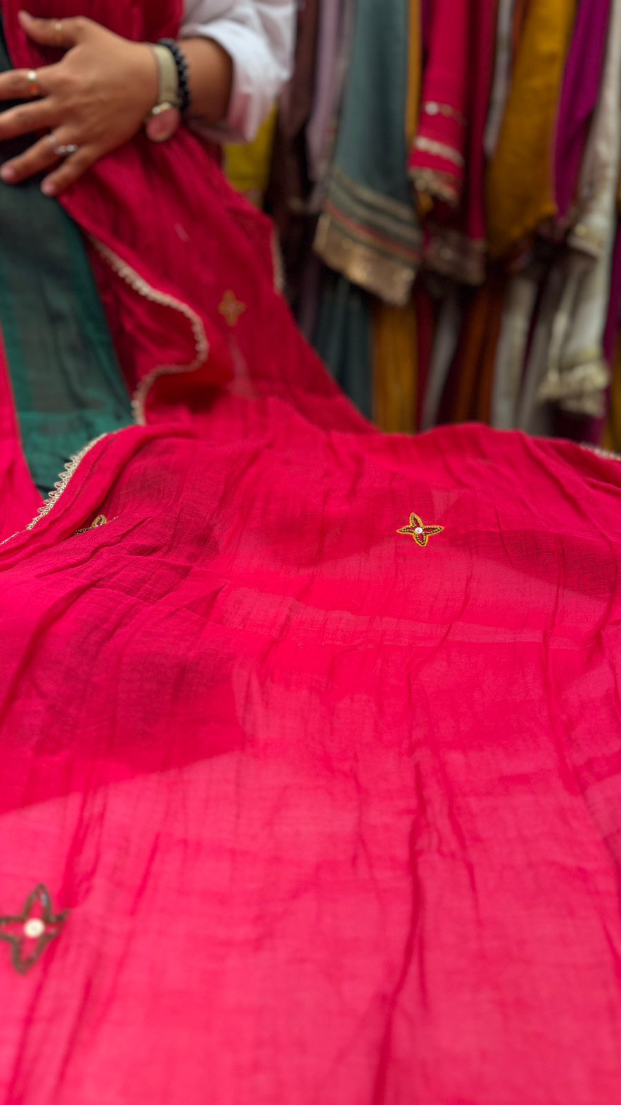 Elite Rani Pink Mul Chanderi Suit Set