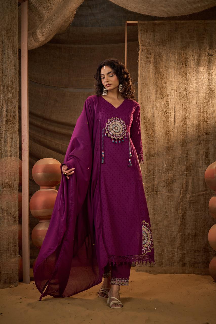 Purple Mandala Embroidered Anarkali Suit Set with Dupatta