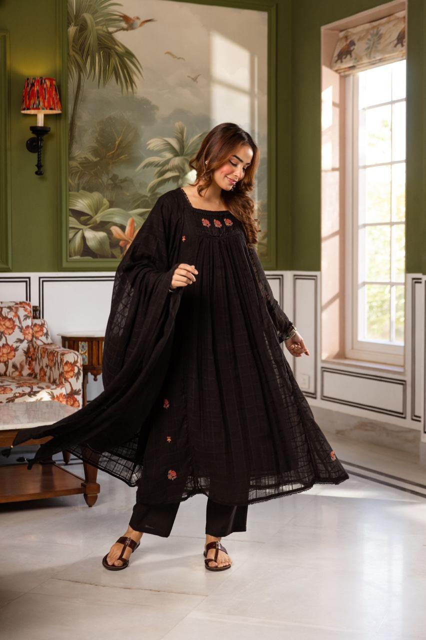 Black Floral Embroidered Cotton Anarkali with Dupatta