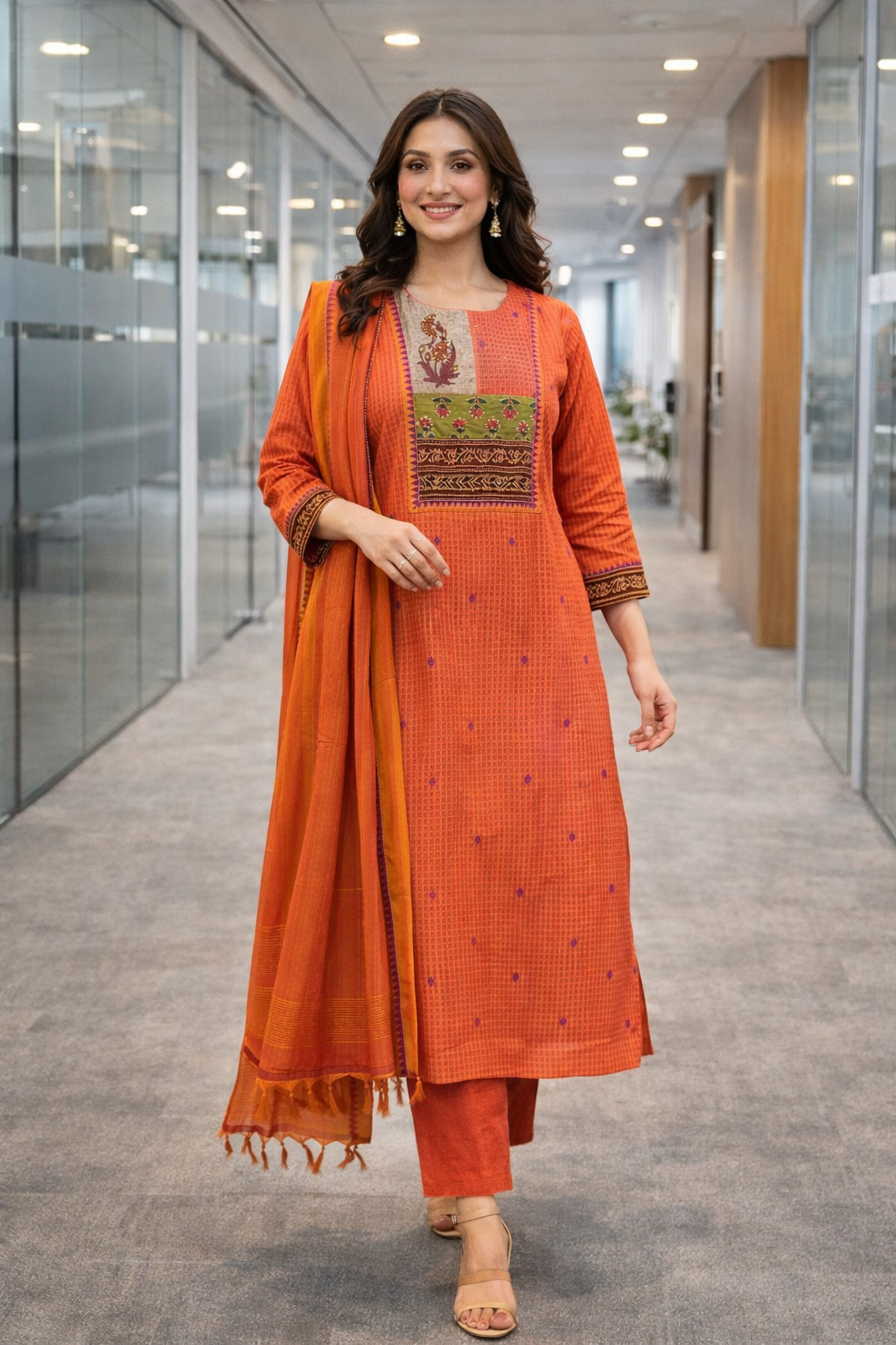 Rust Orange Handloom Cotton Kurta Set with Woven Dupatta