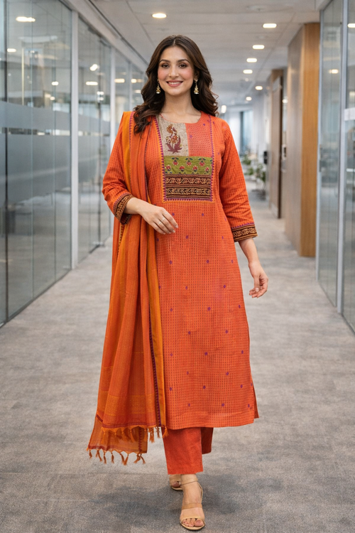 Rust Orange Handloom Cotton Kurta Set with Woven Dupatta