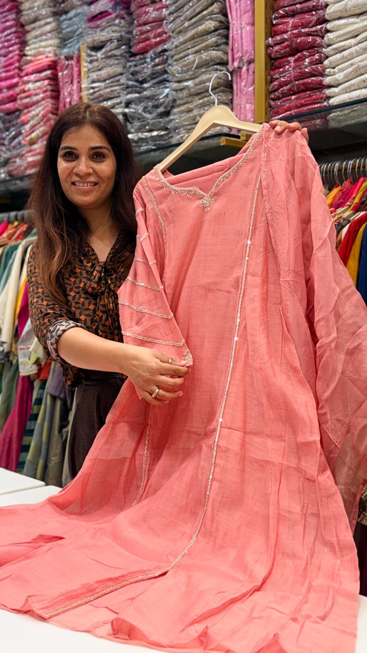 Salmon Pink Mul Chanderi Suit Set