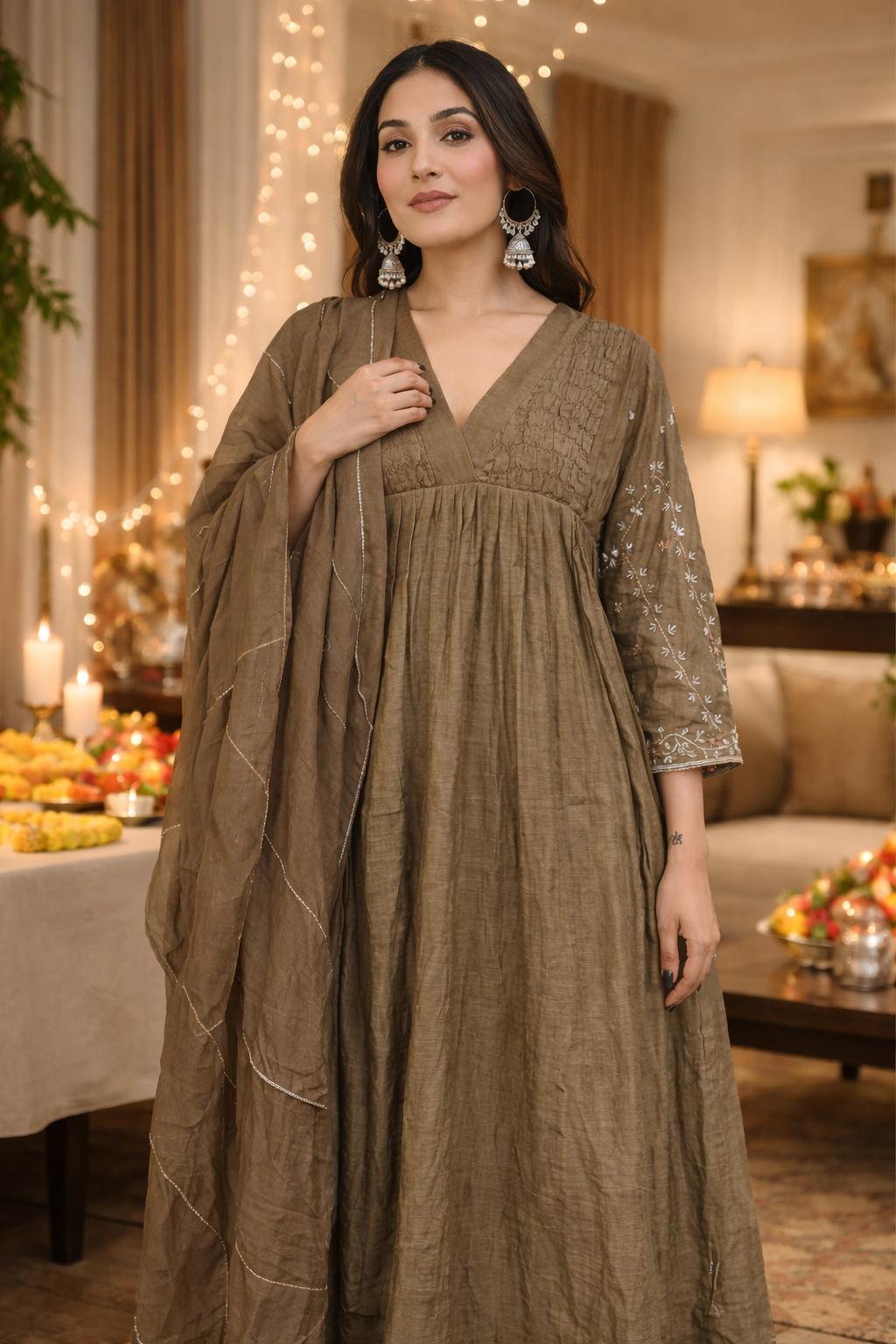 Olive Mocha Embroidered Gathered suit Set