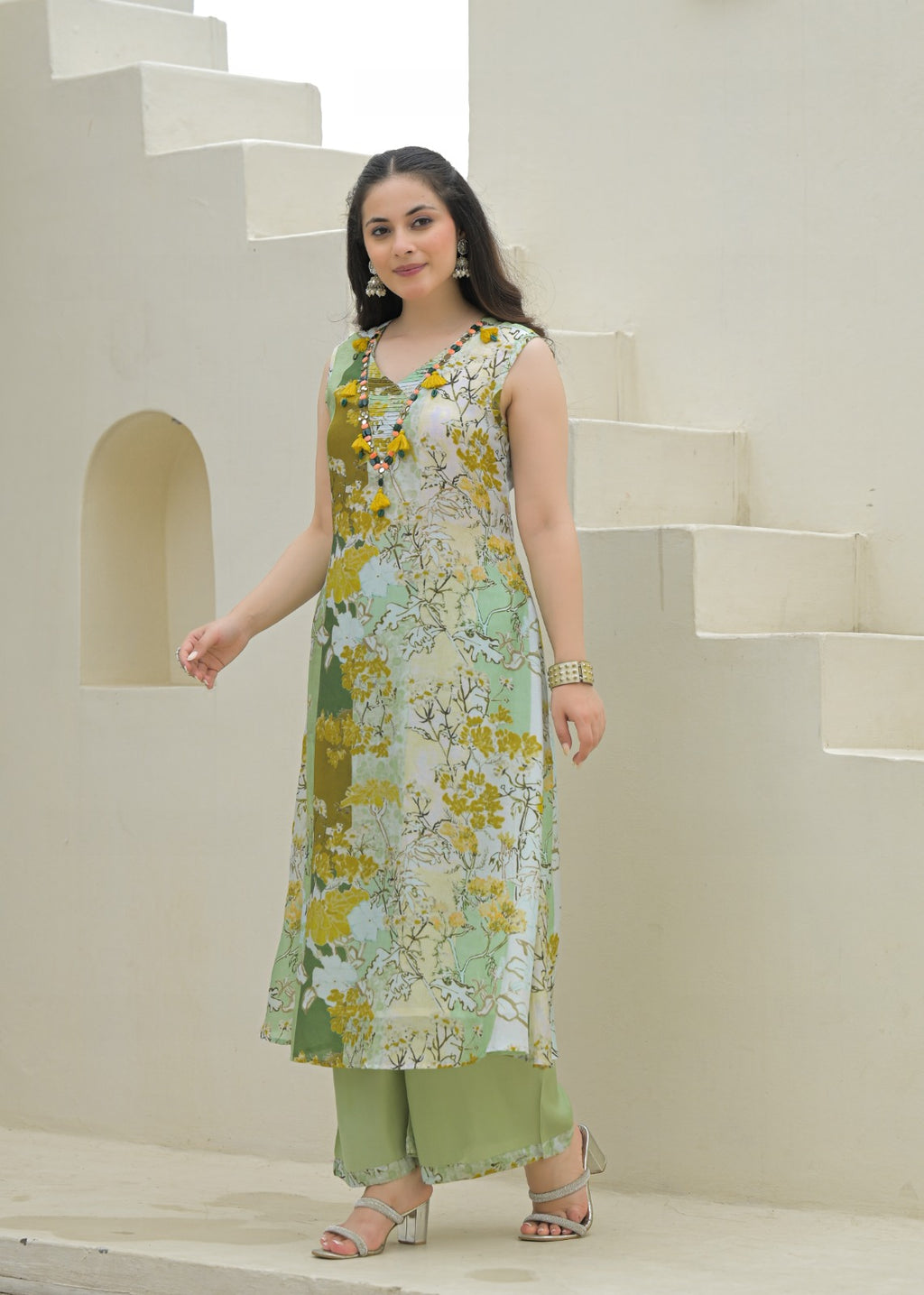 Blossom Printed A-Line Kurta Set with Tassel