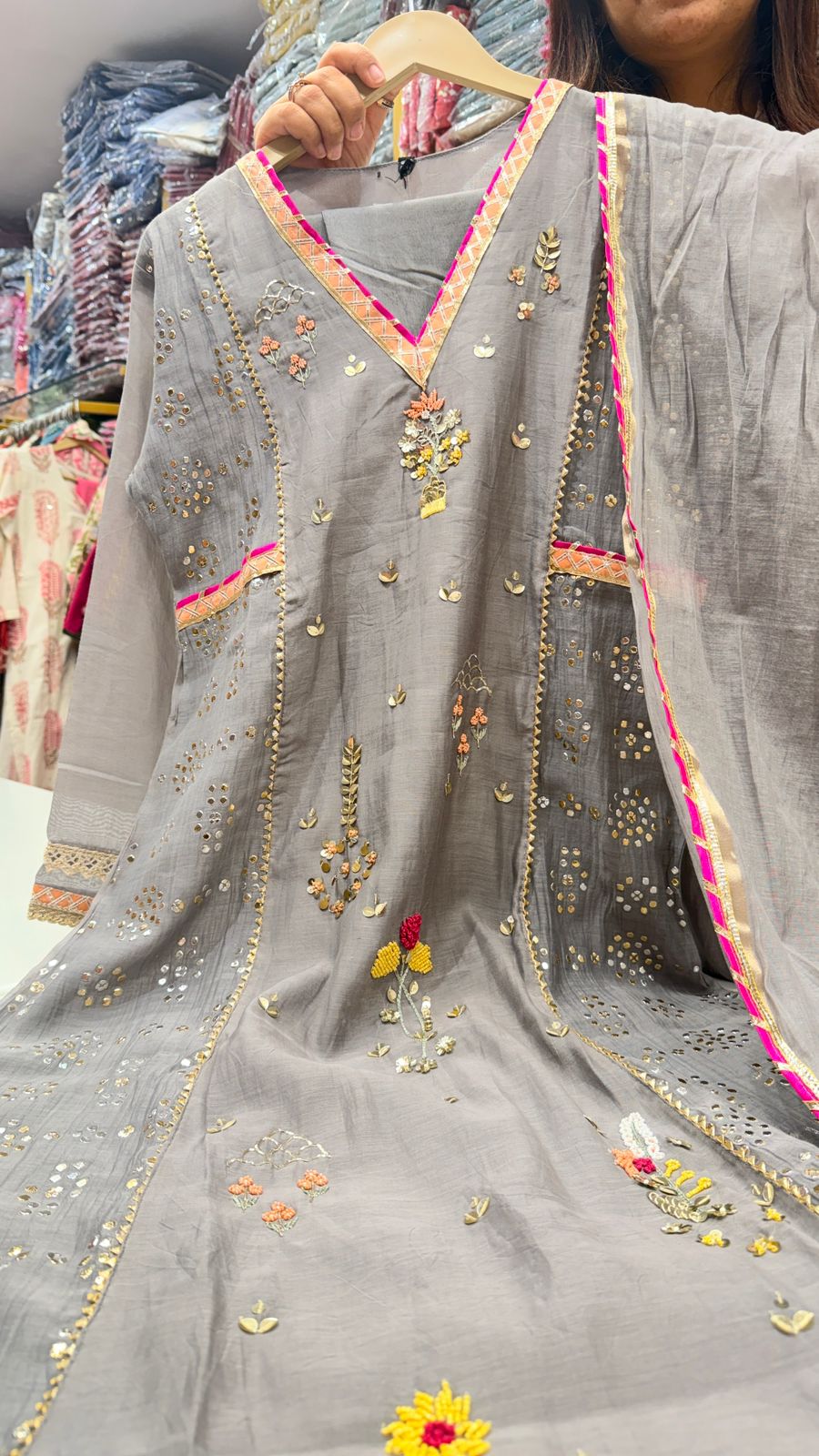 Pastel Grey Mul Chanderi Gota Work Suit Set with Contrast Dupatta