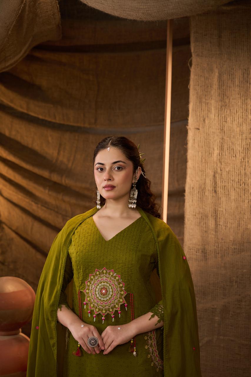 Olive Mandala Embroidered Anarkali Suit Set with Dupatta