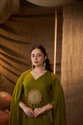 Olive Mandala Embroidered Anarkali Suit Set with Dupatta