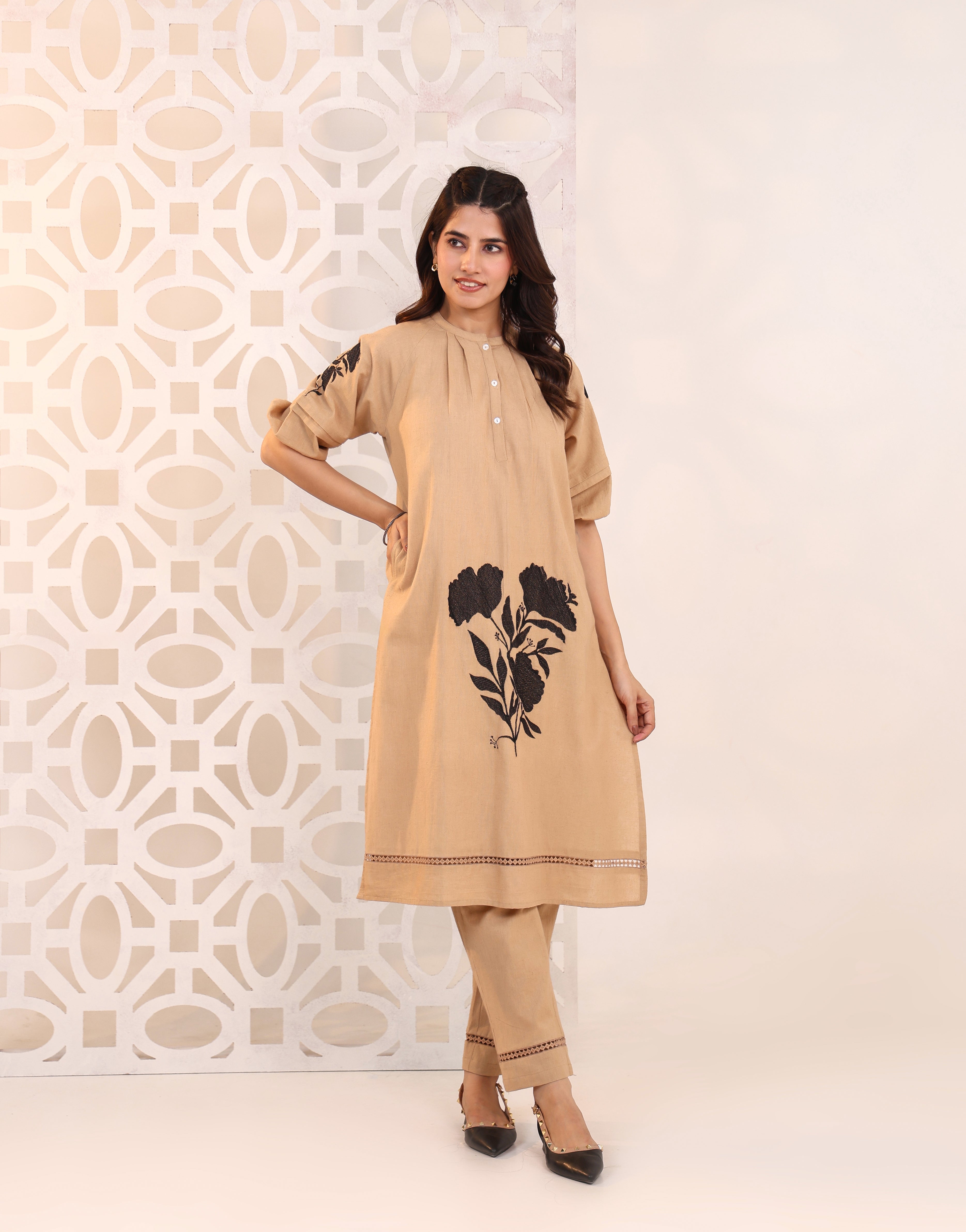 Beige Floral Embroidered Cotton Kurta pant