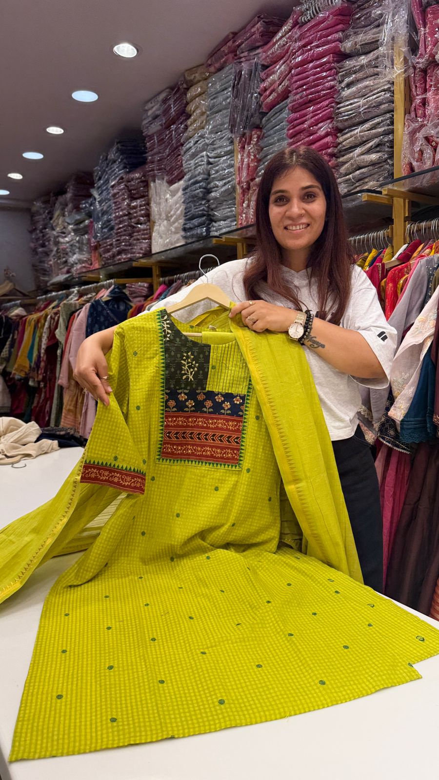 Lime Yellow Handloom Kurta Set with Statement Yoke & Dupatta