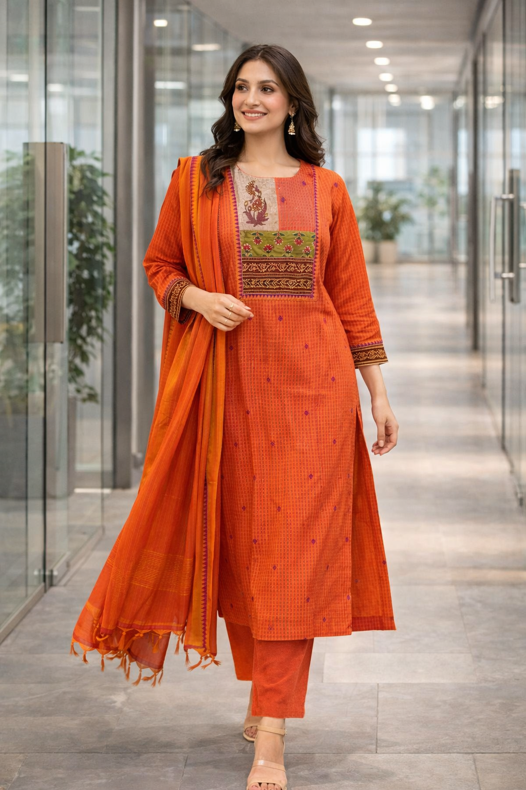 Rust Orange Handloom Cotton Kurta Set with Woven Dupatta